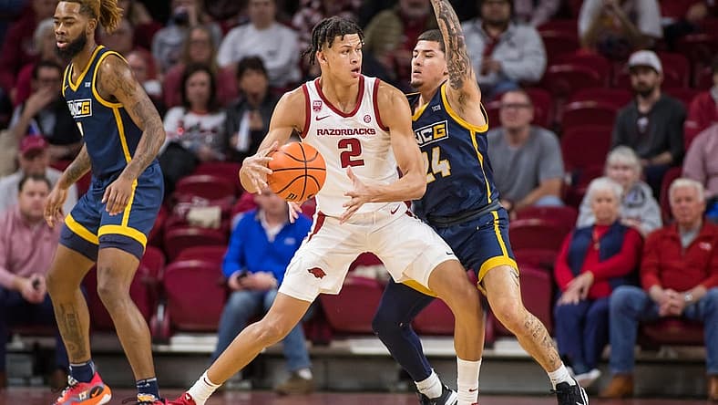Dec 6, 2022; Fayetteville, Arkansas, USA; Arkansas Razorbacks forward Trevon Brazile (2) tries to get around UNC-Greensboro Spartans guard Dante Treacy (24) during the first half at Bud Walton Arena. Mandatory Credit: Brett Rojo-USA TODAY Sports