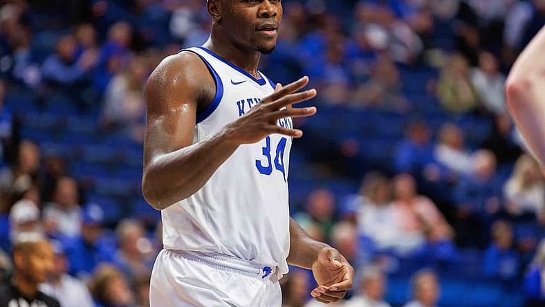Nov 29, 2022; Lexington, Kentucky, USA; Kentucky Wildcats forward Oscar Tshiebwe (34) shakes hands with Bellarmine Knights players after the game at Rupp Arena at Central Bank Center. Mandatory Credit: Jordan Prather-USA TODAY Sports