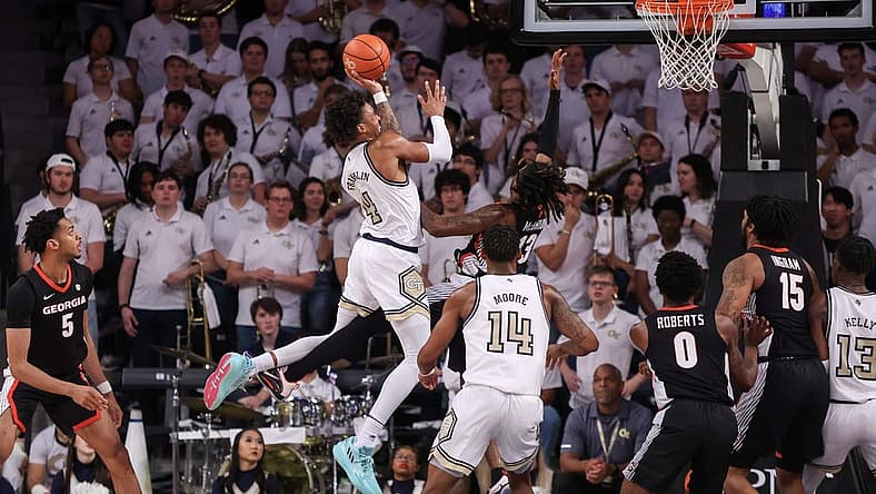 Dec 6, 2022; Atlanta, Georgia, USA; Georgia Tech Yellow Jackets forward Javon Franklin (4) shoots against the Georgia Bulldogs in the first half at McCamish Pavilion. Mandatory Credit: Brett Davis-USA TODAY Sports