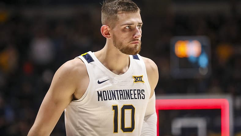 Dec 7, 2022; Morgantown, West Virginia, USA; West Virginia Mountaineers guard Erik Stevenson (10) walks off the court at halftime against the Navy Midshipmen at WVU Coliseum. Mandatory Credit: Ben Queen-USA TODAY Sports