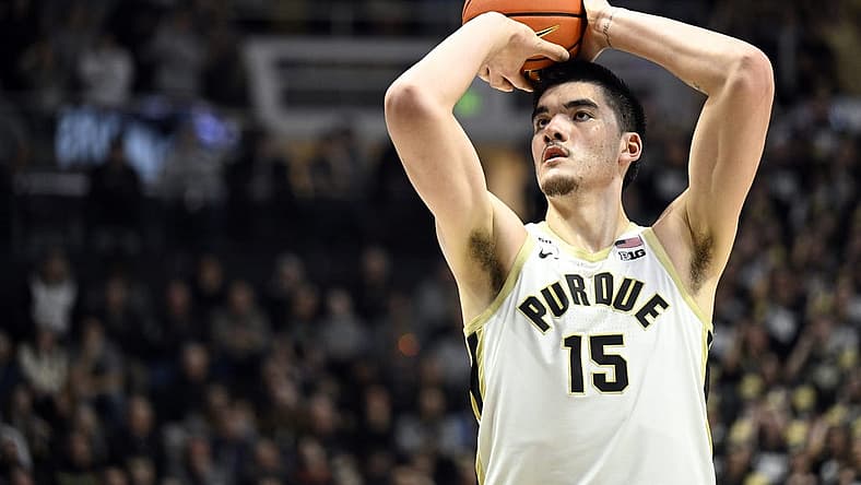 Dec 7, 2022; West Lafayette, Indiana, USA; Purdue Boilermakers center Zach Edey (15) shoots a free throw during the second half against the Hofstra Pride at Mackey Arena. Boilermakers defeated the Pride 85-66. Mandatory Credit: Marc Lebryk-USA TODAY Sports
