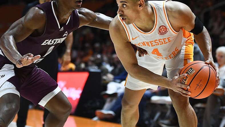 Tennessee guard Tyreke Key (4) is guarded by Eastern Kentucky guard Tayshawn Comer (1) during the NCAA college basketball game between Tennessee and Eastern Kentucky on Wednesday, December 7, 2022 in Knoxville, Tenn.
Ut Hoops Eastern Ky