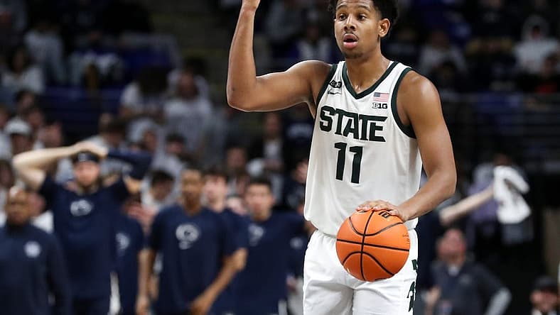 Dec 7, 2022; University Park, Pennsylvania, USA; Michigan State Spartans guard AJ Hoggard (11) gestures from mid court during the second half against the Penn State Nittany Lions at Bryce Jordan Center. Michigan State defeated Penn State 67-58. Mandatory Credit: Matthew OHaren-USA TODAY Sports