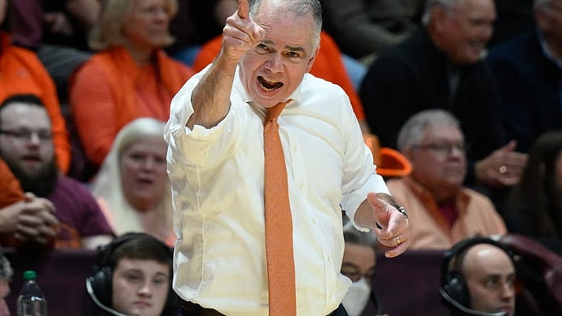 Dec 4, 2022; Blacksburg, Virginia, USA; Virginia Tech Hokies head coach Mike Young reacts to his team's play against the North Carolina Tar Heels at Cassell Coliseum. Mandatory Credit: Lee Luther Jr.-USA TODAY Sports