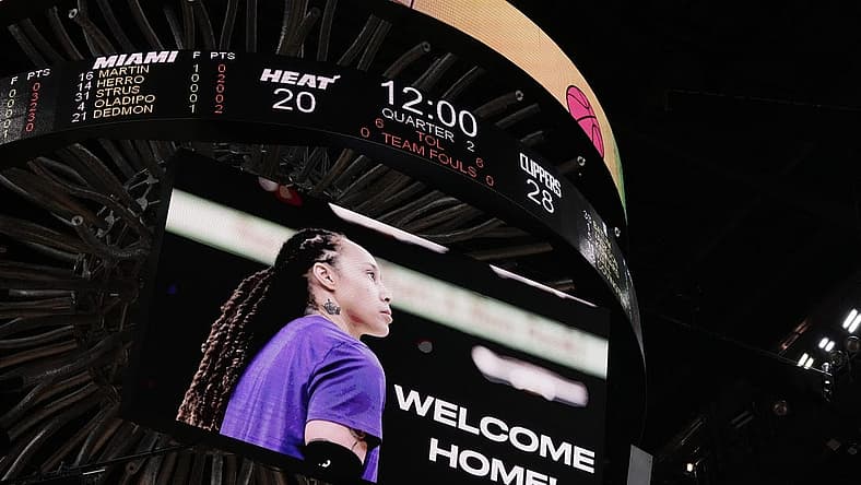 Dec 8, 2022; Miami, Florida, USA; A welcome home graphic is displayed on the arena video board welcoming home WBNA star Brittney Griner, Griner was released from a Russian prison earlier in the day during prior to to the game between the Miami Heat and the LA Clippers at FTX Arena. Mandatory Credit: Jasen Vinlove-USA TODAY Sports