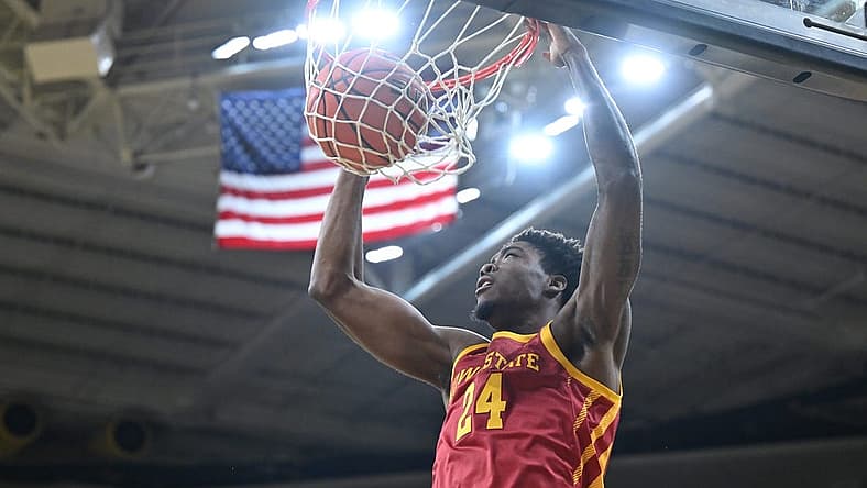 Dec 8, 2022; Iowa City, Iowa, USA; Iowa State Cyclones forward Hason Ward (24) dunks against the Iowa Hawkeyes during the first half at Carver-Hawkeye Arena. Mandatory Credit: Jeffrey Becker-USA TODAY Sports