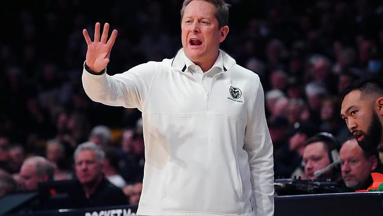 Dec 8, 2022; Boulder, Colorado, USA; Colorado State Rams head coach Niko Medved calls out in the first half against the Colorado Buffaloes at the CU Events Center. Mandatory Credit: Ron Chenoy-USA TODAY Sports