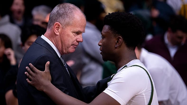 Colorado head basketball coach Tad Boyle (left) holds a conversation with Colorado State senior guard Isaiah Stevens in the handshake line following the Rams' loss in the Rocky Mountain Showdown at the CU Event Center in Boulder on Thursday Dec. 8, 2022. Boyle called Stevens the "most underrated point guard in the country" during his postgame press conference.
Csu Cu Bball 26