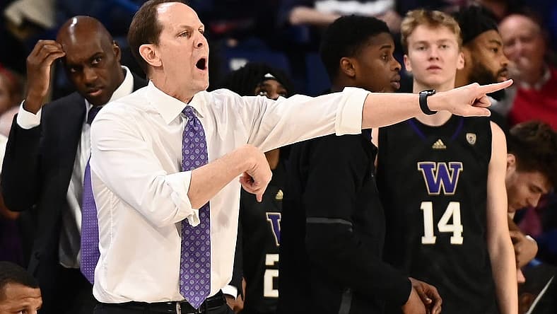 Dec 9, 2022; Spokane, Washington, USA; Washington Huskies head coach Mike Hopkins directs his team against the Gonzaga Bulldogs in the first half at McCarthey Athletic Center. Mandatory Credit: James Snook-USA TODAY Sports
