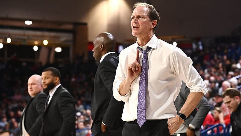 Dec 9, 2022; Spokane, Washington, USA; Washington Huskies head coach Mike Hopkins looks on against the Gonzaga Bulldogs in the second half at McCarthey Athletic Center. Gonzaga won 77-60. Mandatory Credit: James Snook-USA TODAY Sports