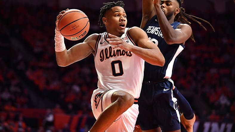 Dec 10, 2022; Champaign, Illinois, USA; Illinois Fighting Illini guard Terrence Shannon Jr. (0) moves to the basket during the first half against the Penn State Nittany Lions at State Farm Center. Mandatory Credit: Ron Johnson-USA TODAY Sports