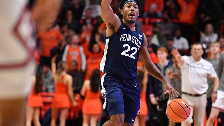 Dec 10, 2022; Champaign, Illinois, USA; Penn State Nittany Lions guard Jalen Pickett (22) brings the ball up court during the second half against the Illinois Fighting Illini at State Farm Center. Mandatory Credit: Ron Johnson-USA TODAY Sports