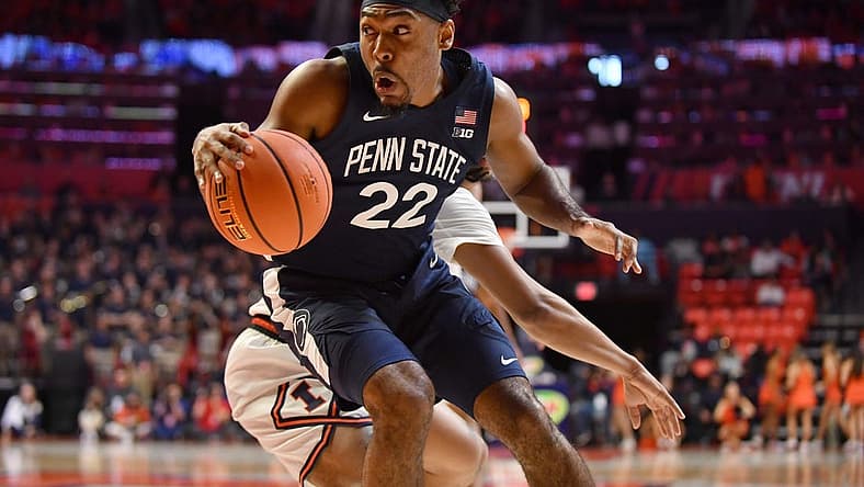 Dec 10, 2022; Champaign, Illinois, USA; Penn State Nittany Lions guard Jalen Pickett (22) moves the ball to the basket during the second half against the Illinois Fighting Illini at State Farm Center. Mandatory Credit: Ron Johnson-USA TODAY Sports