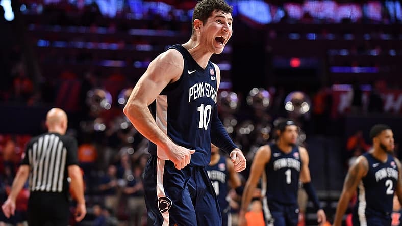 Dec 10, 2022; Champaign, Illinois, USA; Penn State Nittany Lions guard Andrew Funk (10) reacts following the victory against the Illinois Fighting Illini at State Farm Center. Mandatory Credit: Ron Johnson-USA TODAY Sports