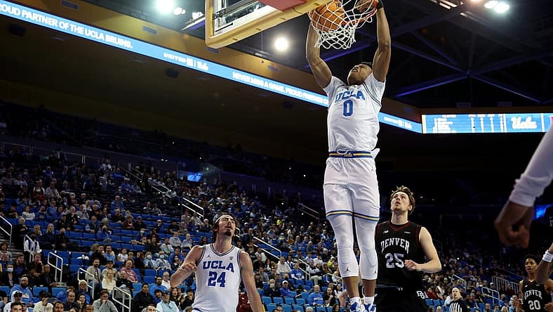 Dec 10, 2022; Los Angeles, California, USA; UCLA Bruins guard Jaylen Clark (0) dunks the ball during the first half against the Denver Pioneers at Pauley Pavilion presented by Wescom. Mandatory Credit: Kiyoshi Mio-USA TODAY Sports
