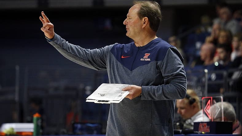 Dec 10, 2022; Oxford, Mississippi, USA; Mississippi Rebels head coach Kermit Davis gives direction during the second half against the Valparaiso Beacons at The Sandy and John Black Pavilion at Ole Miss. Mandatory Credit: Petre Thomas-USA TODAY Sports