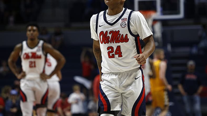 Dec 10, 2022; Oxford, Mississippi, USA; Mississippi Rebels guard Daeshun Ruffin (24) reacts after a basket during the second half at The Sandy and John Black Pavilion at Ole Miss. Mandatory Credit: Petre Thomas-USA TODAY Sports