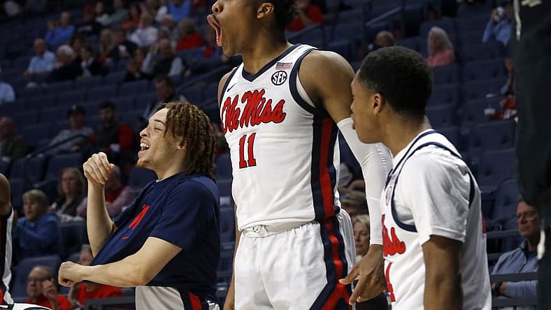 Dec 10, 2022; Oxford, Mississippi, USA; Mississippi Rebels guard Matthew Murrell (11) reacts from the bench during the second half against the Valparaiso Beacons at The Sandy and John Black Pavilion at Ole Miss. Mandatory Credit: Petre Thomas-USA TODAY Sports
