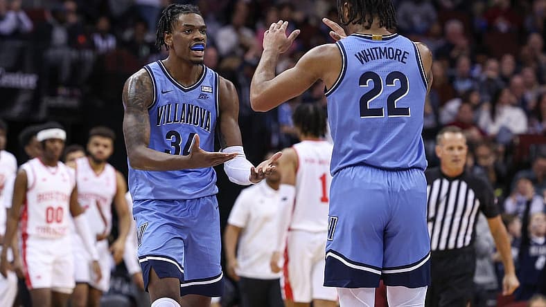 Dec 10, 2022; Newark, New Jersey, USA; Villanova Wildcats forward Cam Whitmore (22) celebrates after a basket with forward Brandon Slater (34) during the second half against the Boston College Eagles at Prudential Center. Mandatory Credit: Vincent Carchietta-USA TODAY Sports