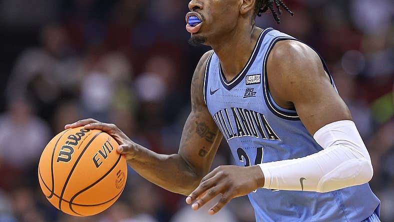 Dec 10, 2022; Newark, New Jersey, USA; Villanova Wildcats forward Brandon Slater (34) dribbles up court against the Boston College Eagles during the second half at Prudential Center. Mandatory Credit: Vincent Carchietta-USA TODAY Sports
