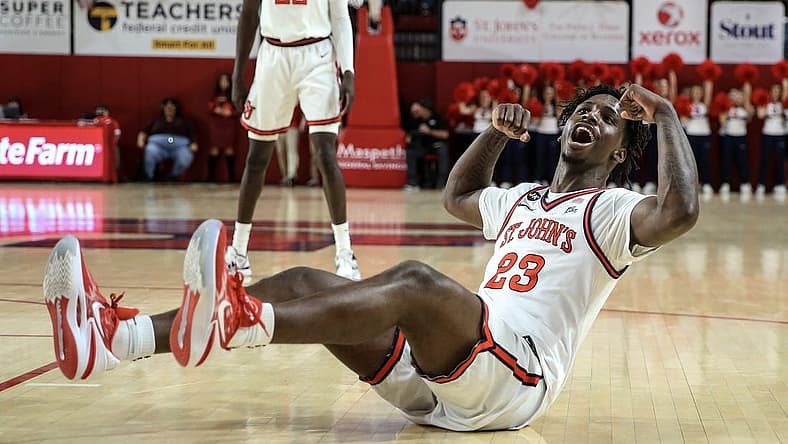 Dec 10, 2022; Queens, New York, USA; St. John's Red Storm forward David Jones (23) celebrates after scoring against the New Hampshire Wildcats in the second half at Carnesecca Arena. Mandatory Credit: Wendell Cruz-USA TODAY Sports