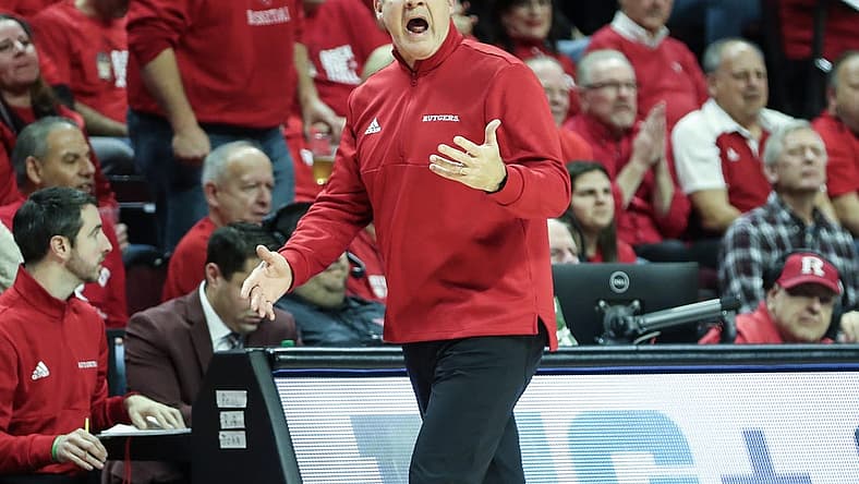 Dec 11, 2022; Piscataway, New Jersey, USA; Rutgers Scarlet Knights head coach Steve Pikiell argues about a call in the first half against the Seton Hall Pirates at Jersey Mike's Arena. Mandatory Credit: Wendell Cruz-USA TODAY Sports