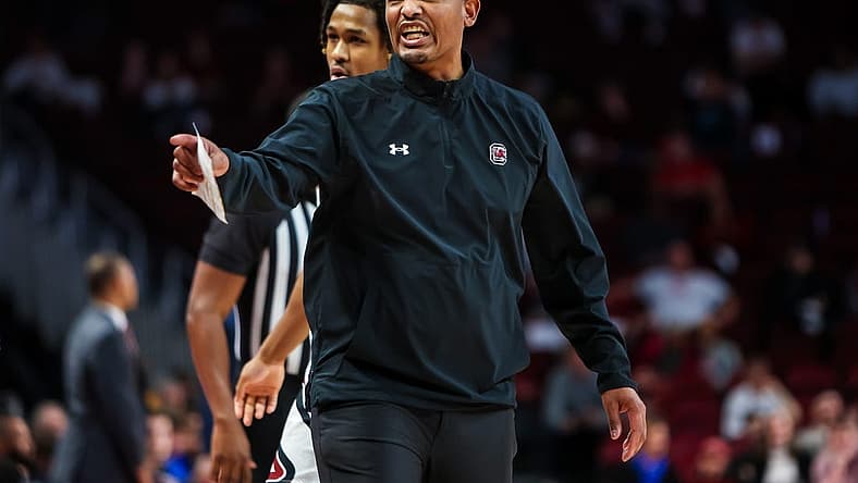 Dec 11, 2022; Columbia, South Carolina, USA; South Carolina Gamecocks head coach Lamont Paris directs his team against the Presbyterian Blue Hose in the second half at Colonial Life Arena. Mandatory Credit: Jeff Blake-USA TODAY Sports
