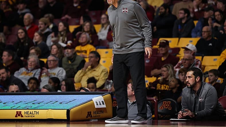 Dec 11, 2022; Minneapolis, Minnesota, USA; Mississippi State Bulldogs head coach Chris Jans reatcs during the first half against the Minnesota Golden Gophers at Williams Arena. Mandatory Credit: Matt Krohn-USA TODAY Sports