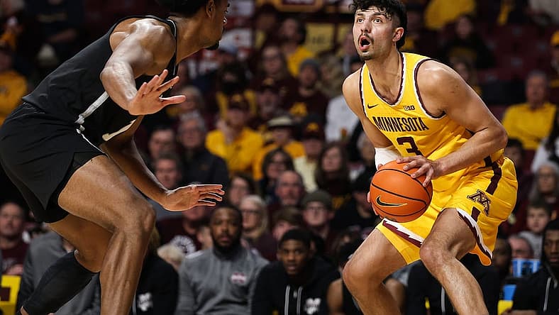 Dec 11, 2022; Minneapolis, Minnesota, USA; Minnesota Golden Gophers forward Dawson Garcia (3) looks to shoot against the Mississippi State Bulldogs during the first half at Williams Arena. Mandatory Credit: Matt Krohn-USA TODAY Sports