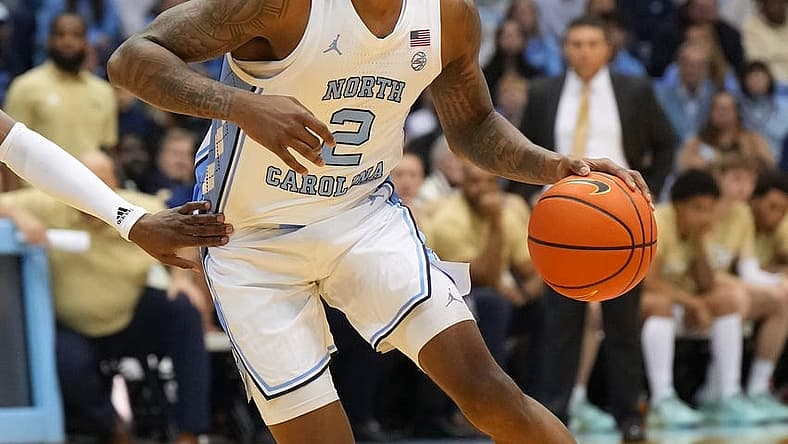 Dec 10, 2022; Chapel Hill, North Carolina, USA; North Carolina Tar Heels guard Caleb Love (2) dribbles in the second half at Dean E. Smith Center. Mandatory Credit: Bob Donnan-USA TODAY Sports
