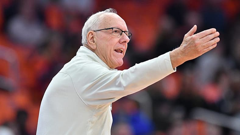 Dec 12, 2022; Syracuse, New York, USA; Syracuse Orange head coach Jim Boeheim reacts to a play in the second half against the Monmouth Hawks at JMA Wireless Dome. Mandatory Credit: Mark Konezny-USA TODAY Sports