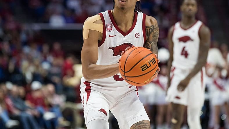 Dec 10, 2022; Tulsa, Oklahoma, USA; Arkansas Razorbacks guard Nick Smith Jr. (3) during the second half against the Oklahoma Sooners at BOK Center. Arkansas won 88-78. Mandatory Credit: Brett Rojo-USA TODAY Sports