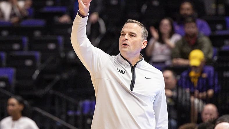 Dec 13, 2022; Baton Rouge, Louisiana, USA; LSU Tigers head coach Matt McMahon calls in a play against the North Carolina Central Eagles during the first half at Pete Maravich Assembly Center. Mandatory Credit: Stephen Lew-USA TODAY Sports