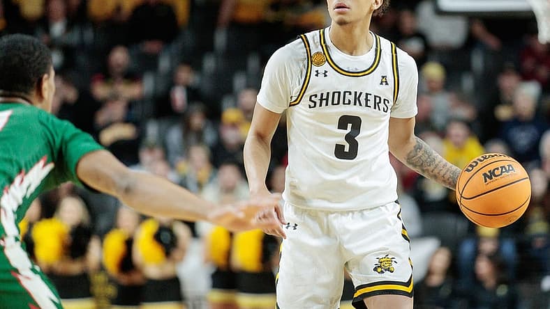 Dec 13, 2022; Wichita, Kansas, USA; Wichita State Shockers guard Craig Porter Jr. (3) looks to pass during the first half against the Mississippi Valley State Delta Devils at Charles Koch Arena. Mandatory Credit: William Purnell-USA TODAY Sports