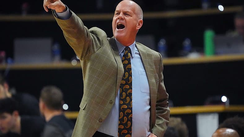 Dec 15, 2022; Boulder, Colorado, USA; Colorado Buffaloes head coach Tad Boyle calls out in the first half against the North Alabama Lions at the CU Events Center. Mandatory Credit: Ron Chenoy-USA TODAY Sports