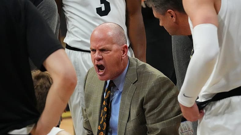 Dec 15, 2022; Boulder, Colorado, USA; Colorado Buffaloes head coach Tad Boyle during a timeout with his player in the first half against the North Alabama Lions at the CU Events Center. Mandatory Credit: Ron Chenoy-USA TODAY Sports