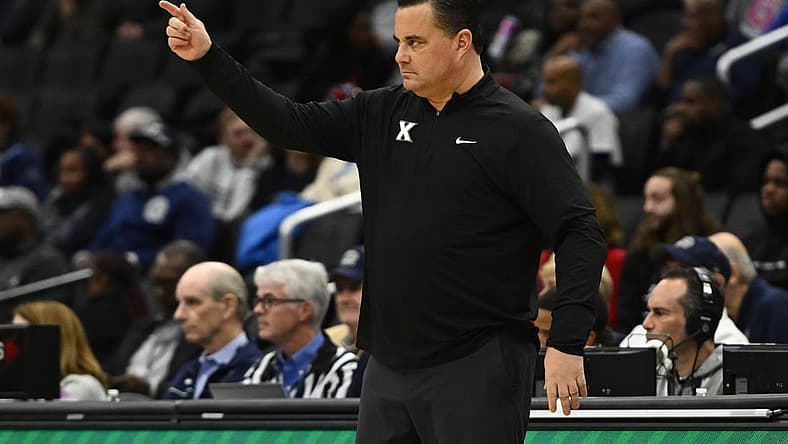 Dec 16, 2022; Washington, District of Columbia, USA; Xavier Musketeers head coach Sean Miller looks on against the Georgetown Hoyas during the first half at Capital One Arena. Mandatory Credit: Brad Mills-USA TODAY Sports