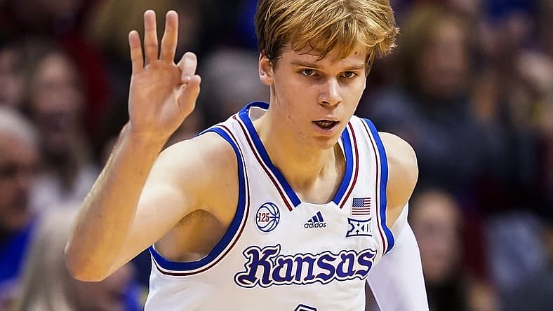 Dec 17, 2022; Lawrence, Kansas, USA; Kansas Jayhawks guard Gradey Dick (4) celebrates after scoring during the first half against the Indiana Hoosiers at Allen Fieldhouse. Mandatory Credit: Jay Biggerstaff-USA TODAY Sports