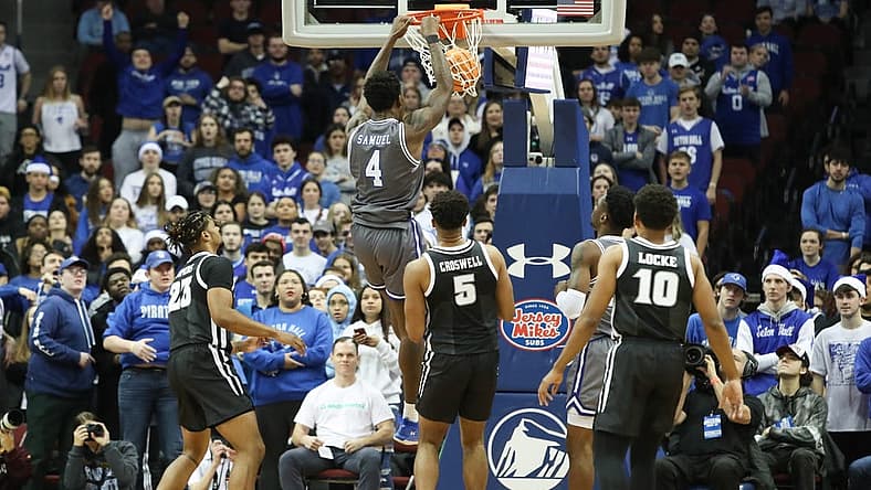 Dec 17, 2022; Newark, New Jersey, USA; Seton Hall Pirates forward Tyrese Samuel (4) dunks the ball against the Providence Friars during the first half at Prudential Center. Mandatory Credit: Thomas Salus-USA TODAY Sports