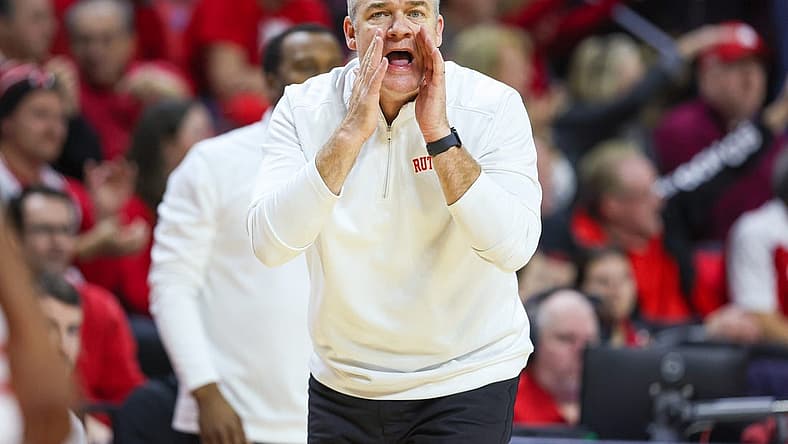 Dec 17, 2022; Piscataway, New Jersey, USA; Rutgers Scarlet Knights head coach Steve Pikiell coaches during the second half against the Wake Forest Demon Deacons at Jersey Mike's Arena. Mandatory Credit: Vincent Carchietta-USA TODAY Sports
