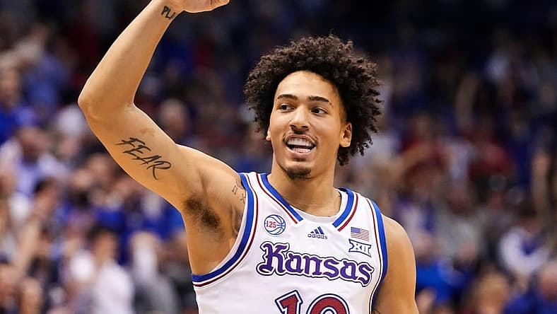 Dec 17, 2022; Lawrence, Kansas, USA; Kansas Jayhawks forward Jalen Wilson (10) celebrates during the second half against the Indiana Hoosiers at Allen Fieldhouse. Mandatory Credit: Jay Biggerstaff-USA TODAY Sports