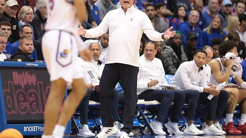 Kansas head coach Bill Self yells out to his players during the first half of Saturday's game against Indiana inside Allen Fieldhouse.