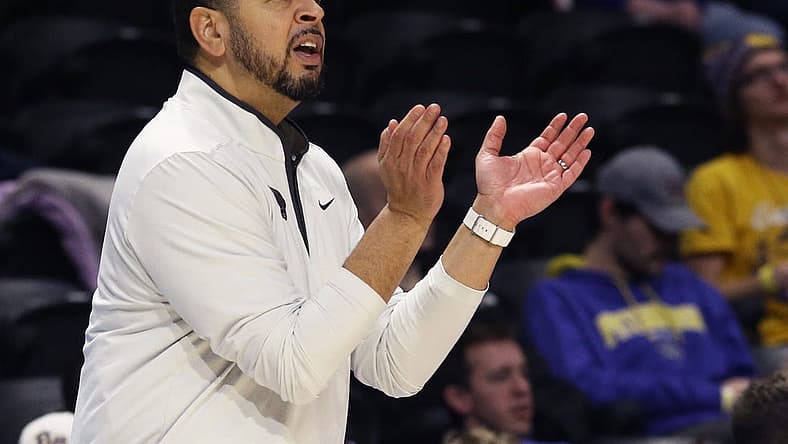 Dec 17, 2022; Pittsburgh, Pennsylvania, USA; Pittsburgh Panthers head coach Jeff Capel gestures on the sideline against the North Florida Ospreys during the second half at the Petersen Events Center. Mandatory Credit: Charles LeClaire-USA TODAY Sports