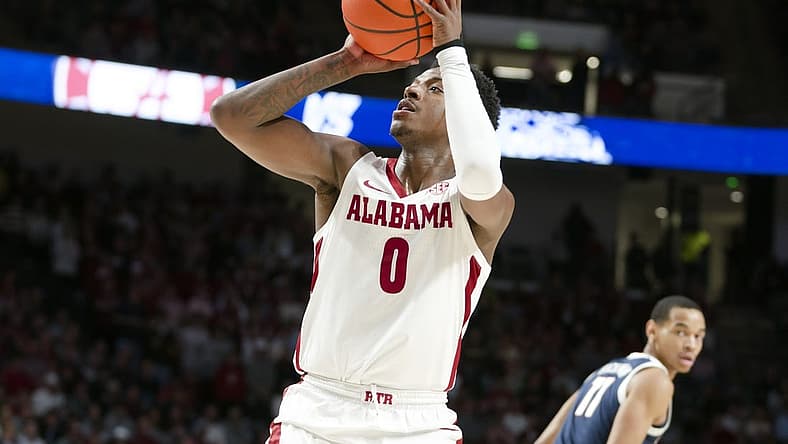 Dec 17, 2022; Birmingham, Alabama, USA; Alabama Crimson Tide guard Jaden Bradley (0) shoots against Gonzaga Bulldogs during the first half at Legacy Arena at BJCC. Mandatory Credit: Marvin Gentry-USA TODAY Sports