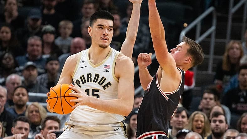 Dec 17, 2022; Indianapolis, Indiana, USA; Purdue Boilermakers center Zach Edey (15) looks to shoot the ball while Davidson Wildcats forward Sam Mennenga (3) defends in the first half at Gainbridge Fieldhouse. Mandatory Credit: Trevor Ruszkowski-USA TODAY Sports