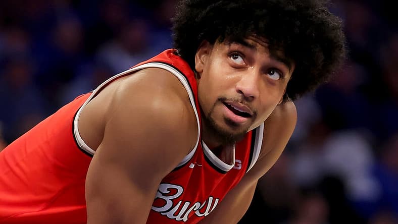 Dec 17, 2022; New York, New York, USA; Ohio State Buckeyes forward Justice Sueing (14) reacts during overtime against the North Carolina Tar Heels at Madison Square Garden. Mandatory Credit: Brad Penner-USA TODAY Sports