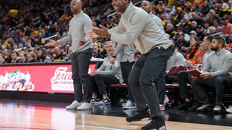 Dec 17, 2022; Wichita, Kansas, USA; Oklahoma State Cowboys coach Mike Boynton Jr gives instruction from the side lines during the first half against the Wichita State Shockers at INTRUST Bank Arena. Mandatory Credit: William Purnell-USA TODAY Sports