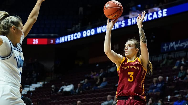 Dec 18, 2022; Uncasville, Connecticut, USA; Iowa State Cyclones guard Denae Fritz (3) shoots against the Villanova Wildcats during the second half at Mohegan Sun Arena. Mandatory Credit: David Butler II-USA TODAY Sports