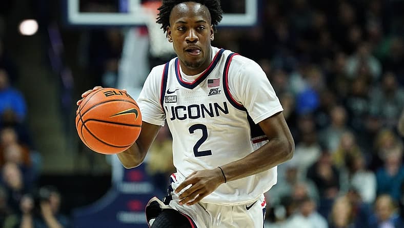 Dec 20, 2022; Storrs, Connecticut, USA; UConn Huskies guard Tristen Newton (2) returns the ball against the Georgetown Hoyas in the first half at Harry A. Gampel Pavilion. Mandatory Credit: David Butler II-USA TODAY Sports