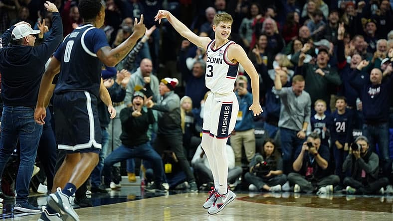 Dec 20, 2022; Storrs, Connecticut, USA; UConn Huskies guard Joey Calcaterra (3) reacts after his three point basket against the Georgetown Hoyas in the second half at Harry A. Gampel Pavilion. Mandatory Credit: David Butler II-USA TODAY Sports